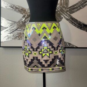 Sequin Express Aztec Mini Skirt in Neon Yellow Gray and Navy